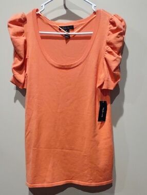 Style & Co. Coral Orange Ruffle Sleeve Scoop Neck Top Medium, Nwt